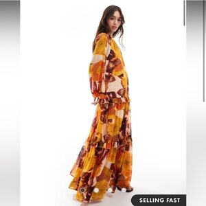 ASOS DESIGN high neck smock maxi dress with frill detail in blurred floral print